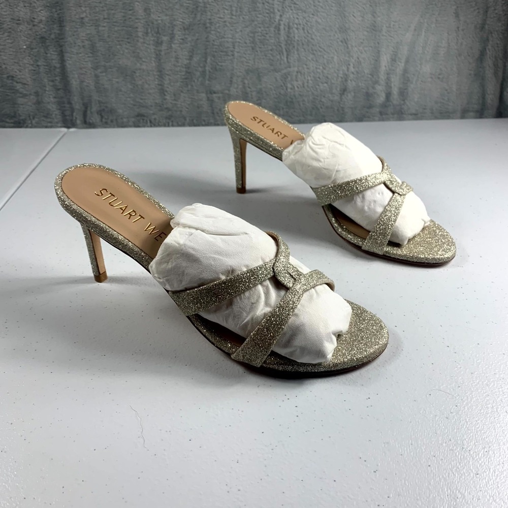 Stuart Weitzman Soiree Sleek 75 4503730159 Slide Womens 6 Platino Glitter Sandal